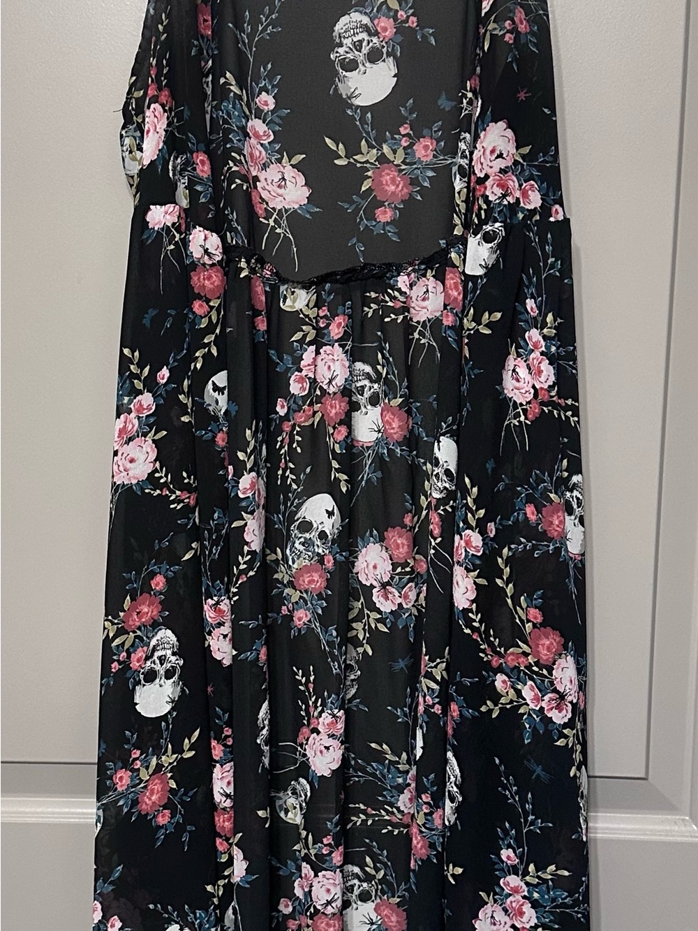 Floral Skull Coverup - Black with Pink Flowers and White Skulls